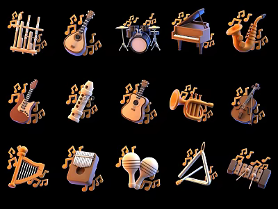 Diverse Entertainment Electronics With Guitar Piano Drums Saxophone Harp And Musical Notes 3d model