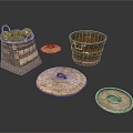 Vintage Wooden Storage Buckets With Lids And Fresh Melons Inside