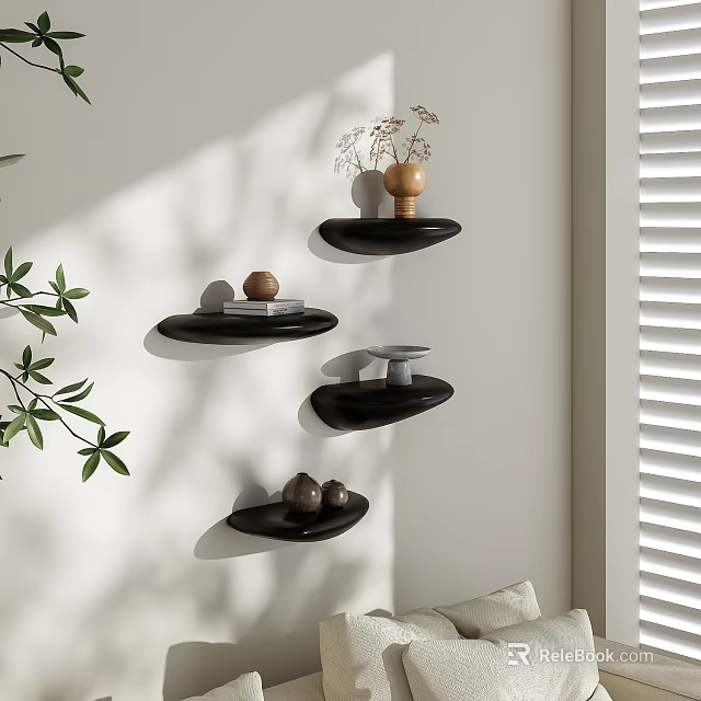 Modern Living Room Elegant Black Wall Cabinets With Decorative Items And Green Plants 3d model 