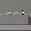 Modern Front Desk With Marble Countertop Two Computer Monitors And Receptionist 3d model