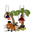 Cute Stuffed Animal Dolls on Swings with Palm Trees Boar Puppy and Turtle