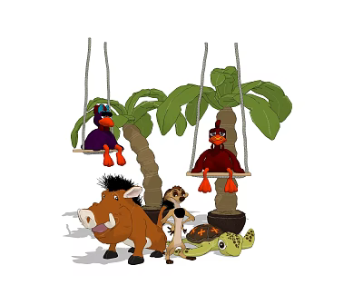 Cute Stuffed Animal Dolls on Swings with Palm Trees Boar Puppy and Turtle 3d model