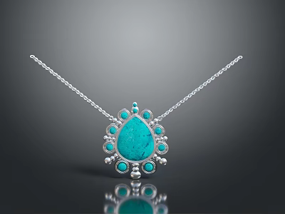 Elegant Silver Chain Necklace With Teardrop Turquoise Pendant And Small Turquoise Stones 3d model