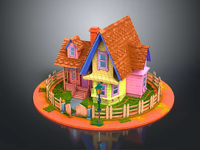 Colorful Cartoon House Scene With Red Roof Chimney Wooden Fence And Lawn Lamp Post 3d model
