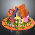 Colorful Cartoon House Scene With Red Roof Chimney Wooden Fence And Lawn Lamp Post