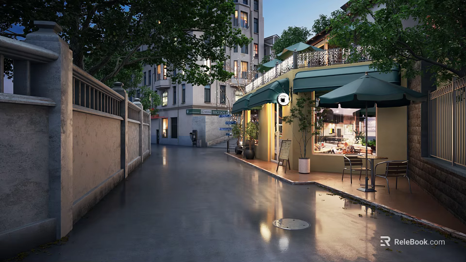 Evening Street Cafe With Green Awnings Tables Chairs Street Lamps And Wet Ground 3d model 