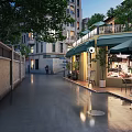 Evening Street Cafe With Green Awnings Tables Chairs Street Lamps And Wet Ground