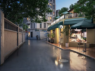 Evening Street Cafe With Green Awnings Tables Chairs Street Lamps And Wet Ground 3d model