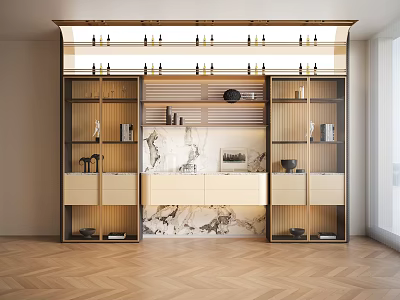 Modern Wine Cabinet Interior Design With Wooden Shelves Marble Panels And Storage Drawers 3d model