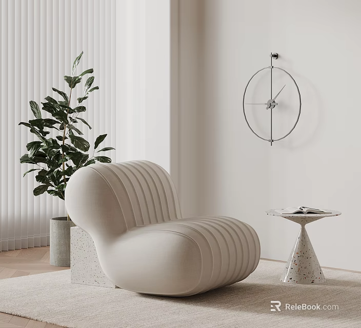 Beige Striped Lounge Chair With Green Plant Side Table White Blinds And Round Wall Clock 3d model 