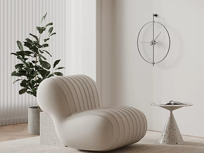 Beige Striped Lounge Chair With Green Plant Side Table White Blinds And Round Wall Clock 3d model