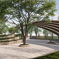 Scenic Park Landscape With Green Trees Walking Path Benches Pedestrians And Vendor Cart