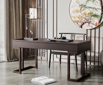 New Chinese Style Desk and Chair Solid Wood Desk and Chair Combination 3d model