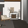 Elegant Oriental Entryway Cabinet And Side Cabinet With Bamboo Plant And Table Lamp