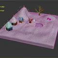 Cartoon Snowy Scene with Small Red Roof Houses Snowy Mountain Red Trees and Ice Patch