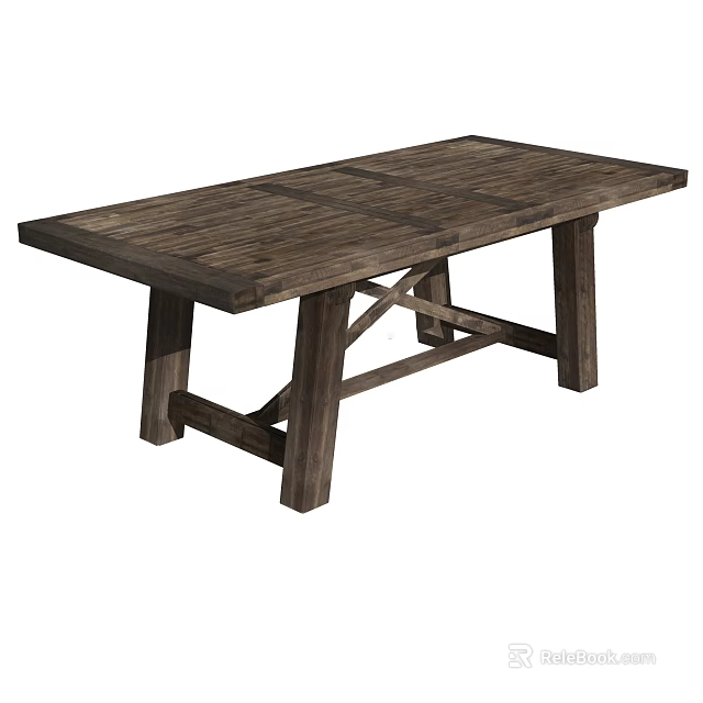 Rustic Wooden Writing Desk with Plank Tabletop and Crossed Legs Design 3d model 