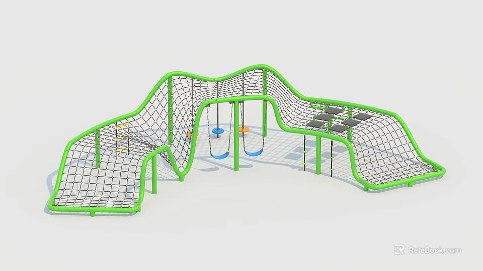 Outdoor Playground Equipment With Green Frame Net Climbing Swings And Climbing Platforms 3d model 