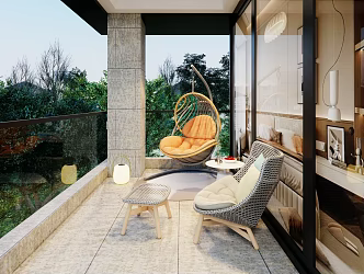 Modern Home Balcony Terrace Space Hanging Chair Hanging Basket Rattan Leisure Chair Round Coffee Table 3d model