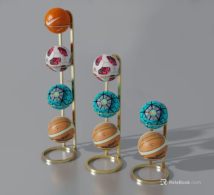Modern Golden Sports Equipment Display Racks With Stacked Basketballs Footballs And Volleyballs 3d model 