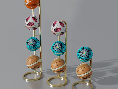 Modern Golden Sports Equipment Display Racks With Stacked Basketballs Footballs And Volleyballs 3d model