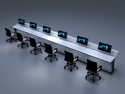 Control Room Console Setup With Multiple Monitors And Ergonomic Chairs 3d model