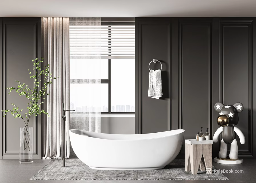 White Bathtub Interior With Dark Walls Window Blinds Curtains Green Plant Small Stool Decorative Bear 3d model 