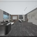 Modern Office Interior With Large Windows Sofa Coffee Table Desk Chairs And World Map Wall 3d model