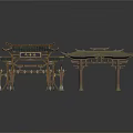 Traditional Chinese Architectural Structures With Ornate Wooden Archway And Pavilion Curved Roofs