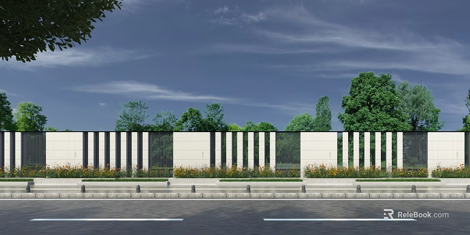 Modern Outdoor Fence With Black And White Panels Green Trees And Blue Sky 3d model 