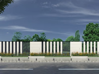 Modern Outdoor Fence With Black And White Panels Green Trees And Blue Sky 3d model