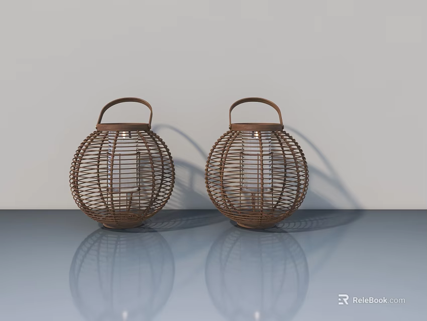 Two Brown Rattan Lanterns Placed On Smooth Blue Countertop With Reflections 3d model