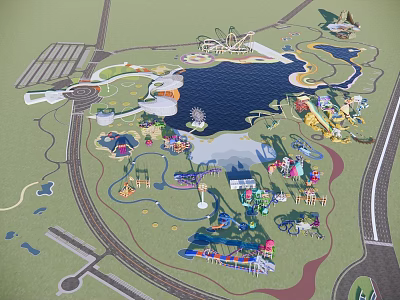 Children's Play Area with Lakeside Scenic Paths Various Play Structures and Green Spaces 3d model