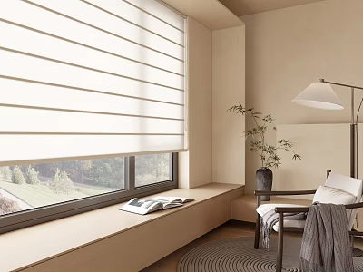 Light Colored Roman Curtains In Cozy Living Room With Window Seat And Potted Plant 3d model