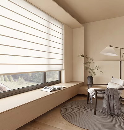 Light Colored Roman Curtains In Cozy Living Room With Window Seat And Potted Plant 3d model
