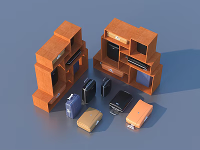 Multi layered Orange Storage Shelves with Colorful Suitcases and Electronic Devices 3d model