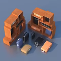 Multi layered Orange Storage Shelves with Colorful Suitcases and Electronic Devices