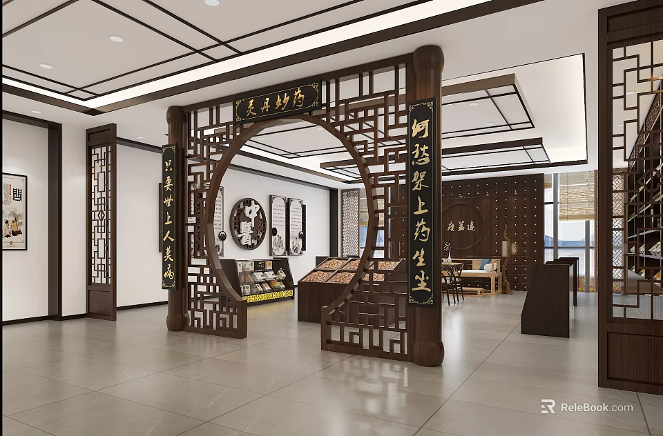 Traditional Chinese Style Specialty Store Interior With Wooden Arch Display Shelves Cabinets And Decorative Carvings 3d model 