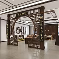 Traditional Chinese Style Specialty Store Interior With Wooden Arch Display Shelves Cabinets And Decorative Carvings