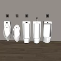 Five White Urinals Arranged Against Gray Wall With Wooden Floor And Square Mounts