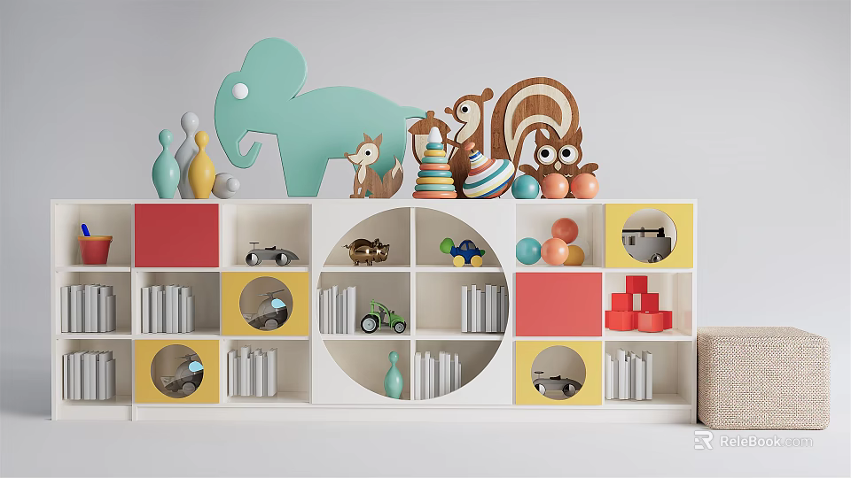 Kids Room Bookshelf Featuring Circular Square Compartments And Colorful Toys Books 3d model 