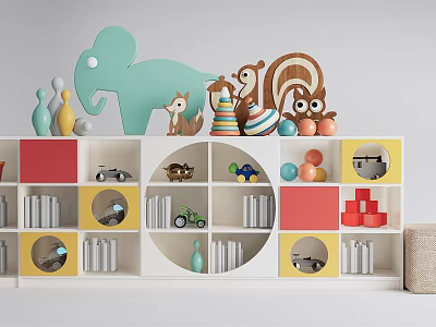 Kids Room Bookshelf Featuring Circular Square Compartments And Colorful Toys Books 3d model