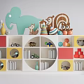 Kids Room Bookshelf Featuring Circular Square Compartments And Colorful Toys Books