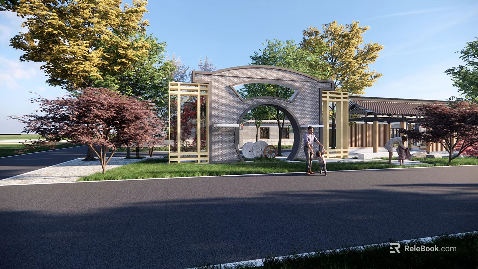Rural Landscape Featuring Arched Brick Gate Colorful Trees Green Lawn And Cycling People 3d model 
