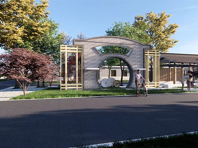 Rural Landscape Featuring Arched Brick Gate Colorful Trees Green Lawn And Cycling People 3d model