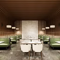 Elegant Restaurant Interior With Wooden Arched Ceiling Green Booths White Pendant Lights And Marble Wall