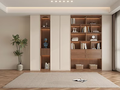 Modern Wooden Bookcase in Contemporary Living Room with Books Decorations and Potted Plant 3d model