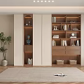 Modern Wooden Bookcase in Contemporary Living Room with Books Decorations and Potted Plant