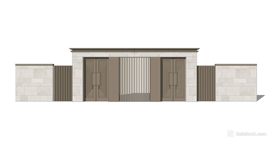Modern Entrance Gate Design With Stone Walls And Metal Grille Details 3d model 
