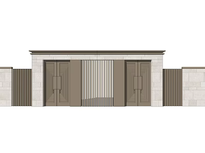 Modern Entrance Gate Design With Stone Walls And Metal Grille Details 3d model