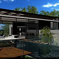 Modern Swimming Pool Area With Outdoor Lounge Wooden Deck And Glass Railings